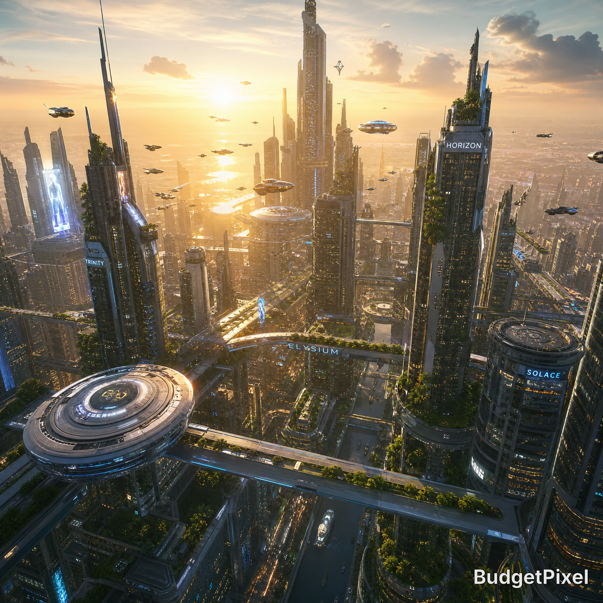 Futuristic sci-fi city skyline with towering skyscrapers, skybridges, and flying vehicles at sunset
