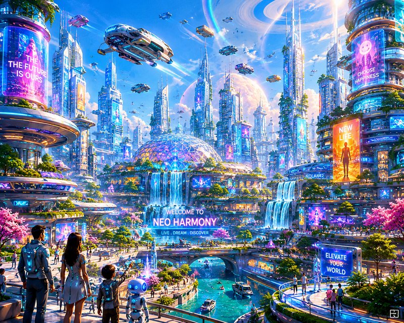 Futuristic cityscape with flying cars, glass towers, and a geodesic dome in a vibrant neon metrop...