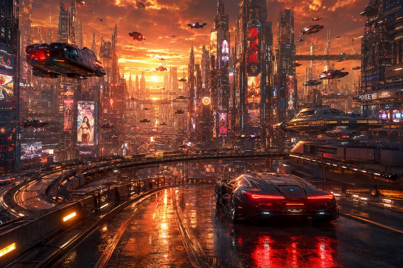 Futuristic cyberpunk city with neon-lit skyscrapers, flying vehicles, and a sleek car on a rain-s...