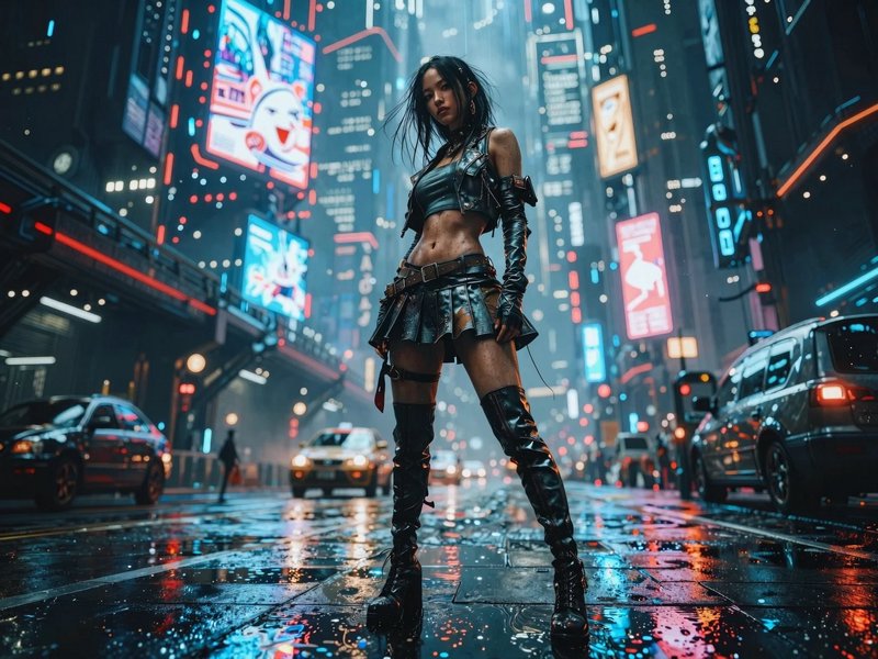 Cyberpunk-style woman in black leather outfit and thigh-high boots standing in neon-lit rainy city street.