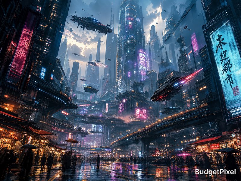 Futuristic neon-lit cityscape with towering skyscrapers, flying cars and rain-soaked streets