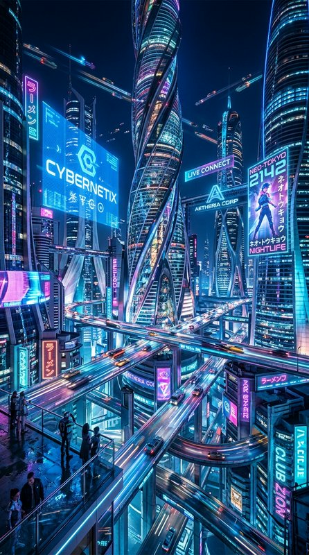 Futuristic neon-lit cityscape with towering skyscrapers and elevated neon highways.