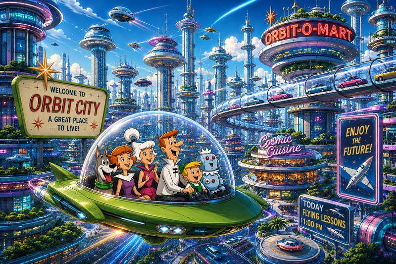 Family rides a glass-domed green flying saucer through a neon futuristic OrbitCity.
