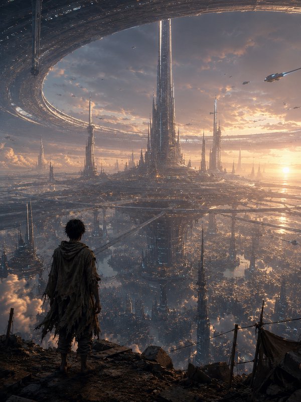 A lone figure overlooks a vast futuristic city with towering spires and circular rings overhead at sunset.