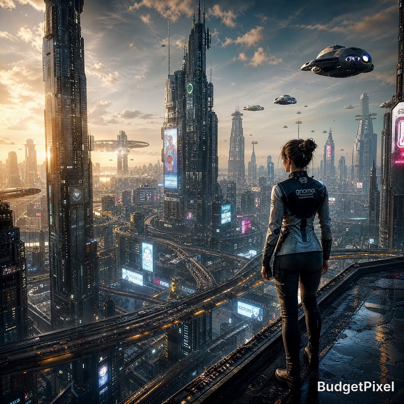 Person in a futuristic cityscape overlooking towering glass skyscrapers and flying vehicles at su...