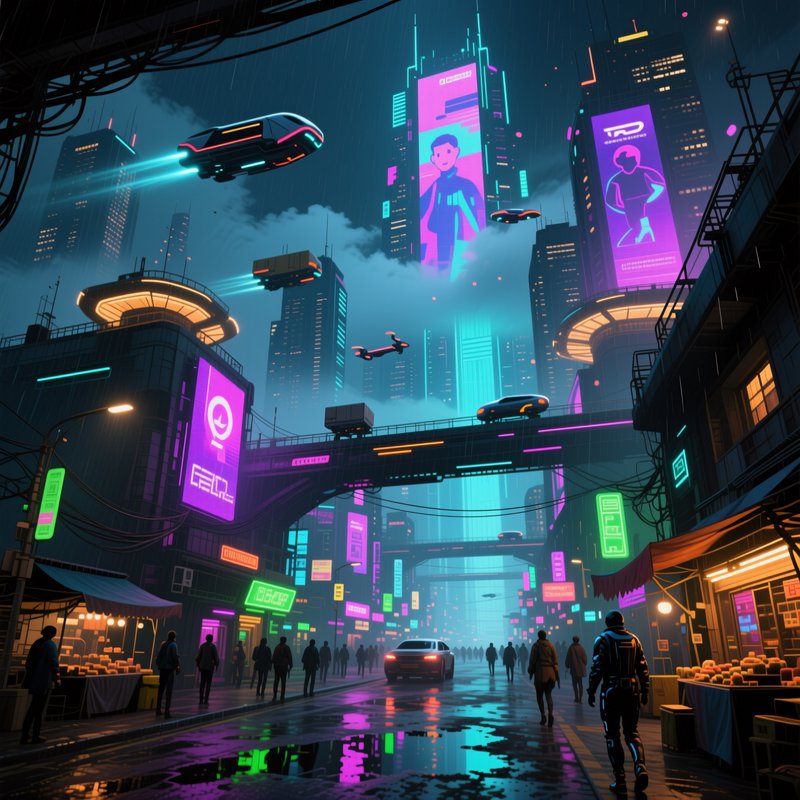 Futuristic neon-lit city street at night with flying cars, rain, and holographic billboards.