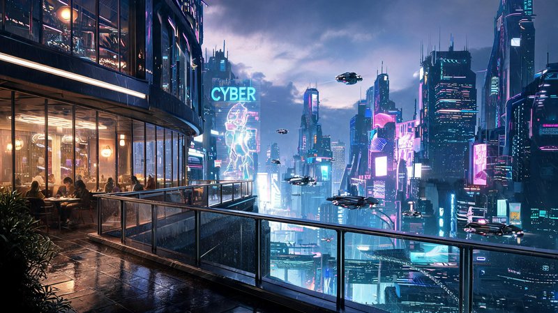 Neon-lit futuristic city skyline viewed from a glass-walled balcony restaurant with flying cars.