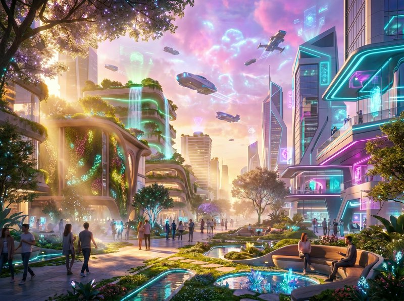 Futuristic cityscape with neon-lit skyscrapers, flying cars, and lush terraces at sunset.