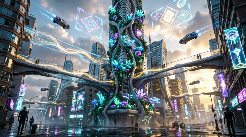 Futuristic city scene with a colossal blooming bio-tree amid neon skyscrapers and holographic dis...