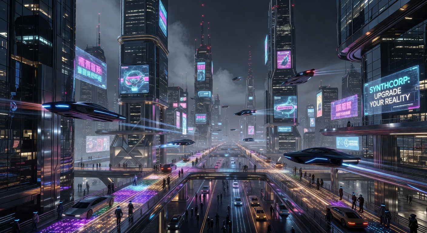 Futuristic neon-lit cityscape with flying cars and elevated walkways.