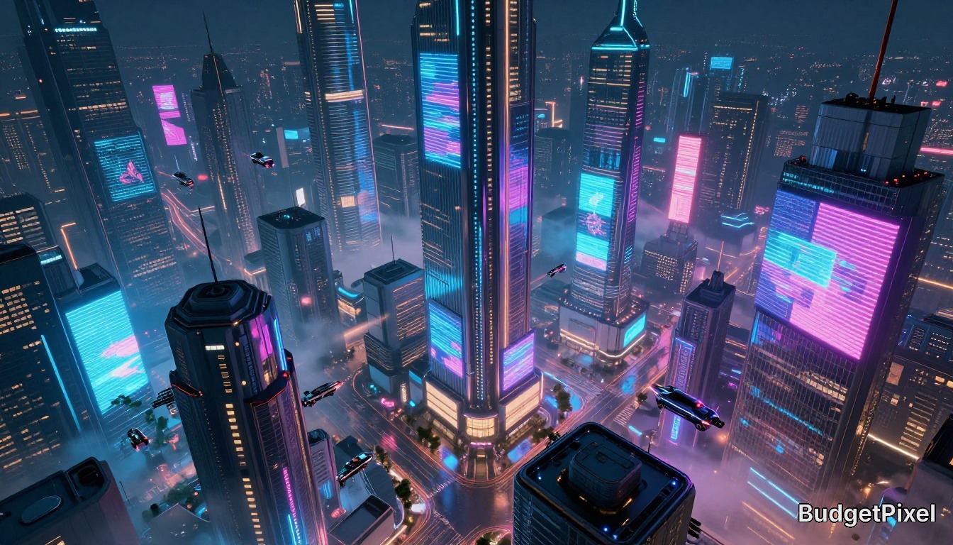 Futuristic neon-lit cityscape at night with tall skyscrapers and flying cars.