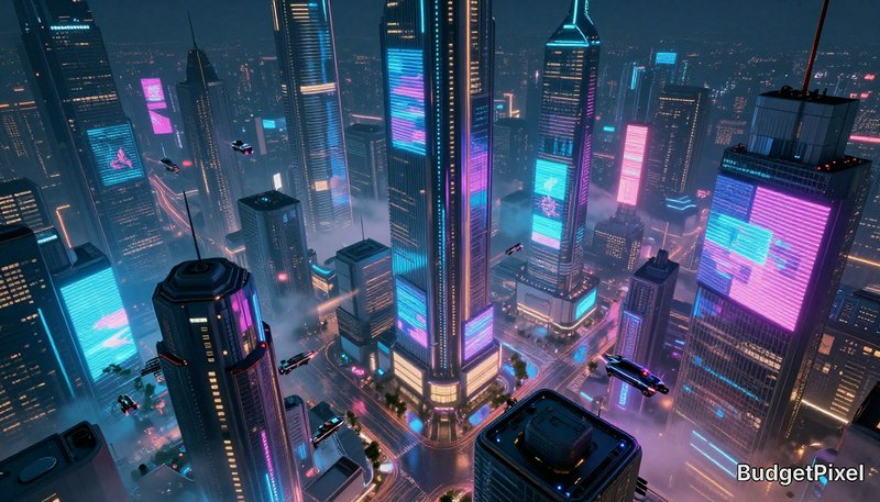 Futuristic neon-lit cityscape at night with tall skyscrapers and flying cars.
