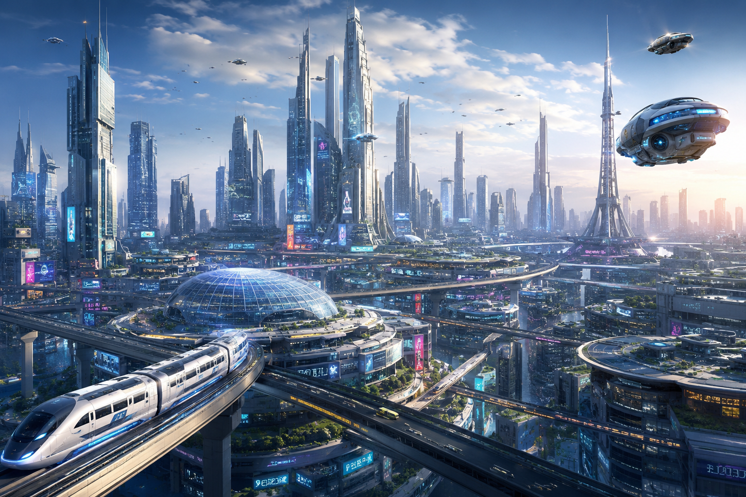 Futuristic cityscape with elevated maglev train, glass-domed stadium, and flying cars.