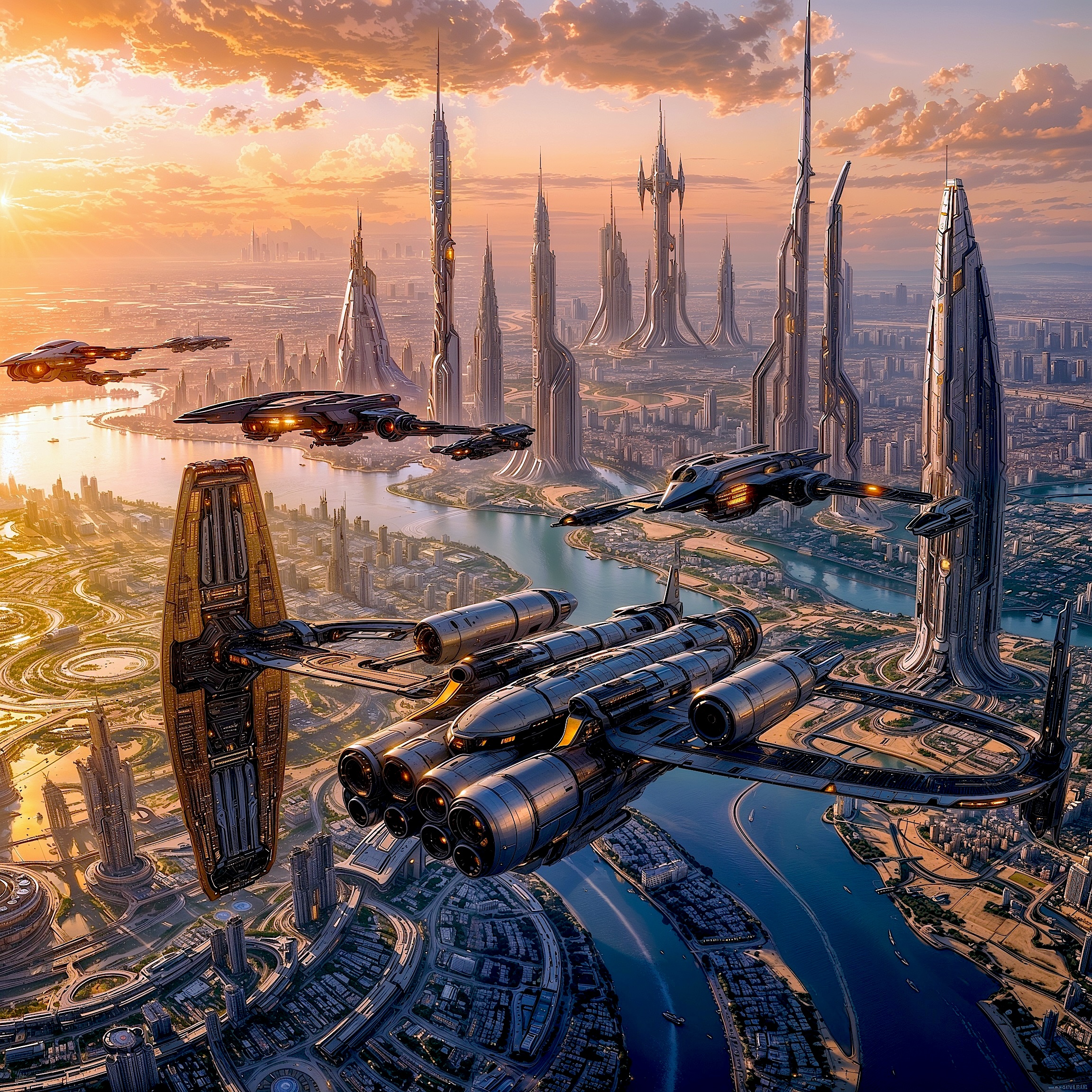 Futuristic cityscape with towering spires and sleek flying ships at sunset over a river.