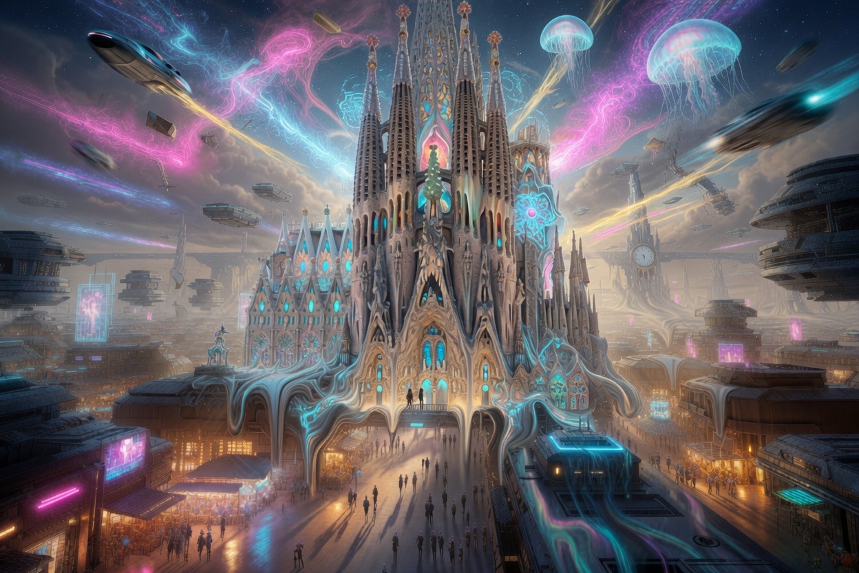 A towering, futuristic cathedral with neon highlights in a surreal sci-fi cityscape.