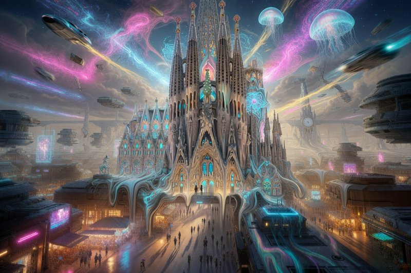 A towering, futuristic cathedral with neon highlights in a surreal sci-fi cityscape.