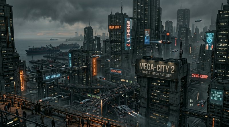 Futuristic megacity with neon signs, elevated highways, and flying cars in a moody cyberpunk skyline.