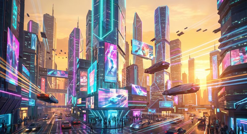 Futuristic neon-lit cityscape with towering skyscrapers, flying cars, and giant digital billboards.