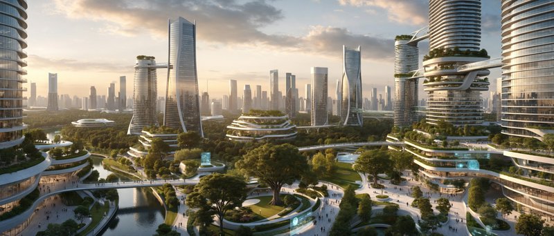 Futuristic cityscape with green rooftops, elevated gardens, and winding water features.