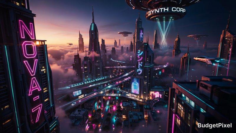 Futuristic neon-lit cyberpunk cityscape with flying cars and elevated highways at sunset