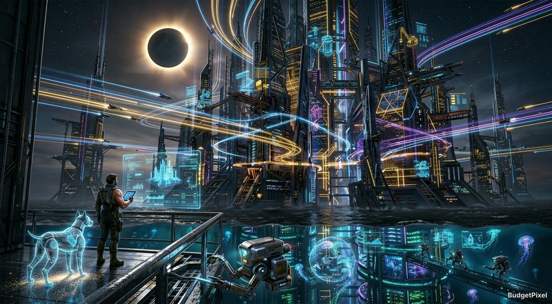 A futuristic neon-lit city plaza with a person, holographic dog, and glowing transit ribbons.