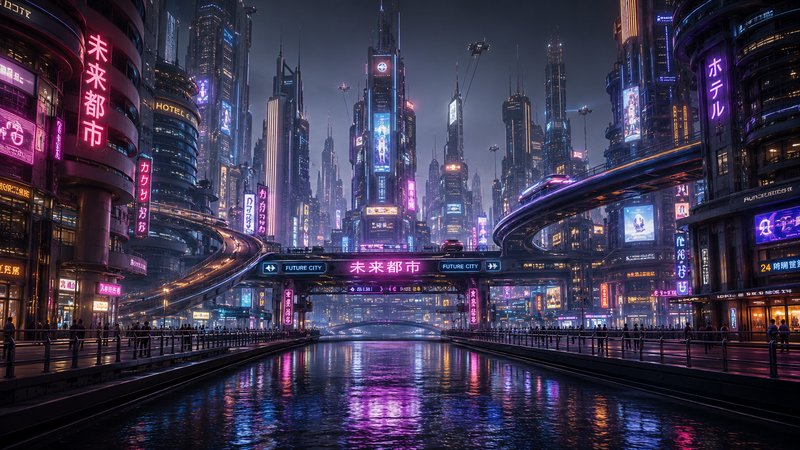 Futuristic neon-lit cityscape with waterways and elevated highways at night.