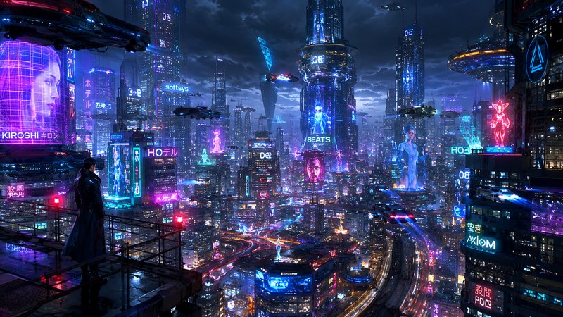 Neon-lit futuristic cityscape with holographic billboards and elevated walkways at night.