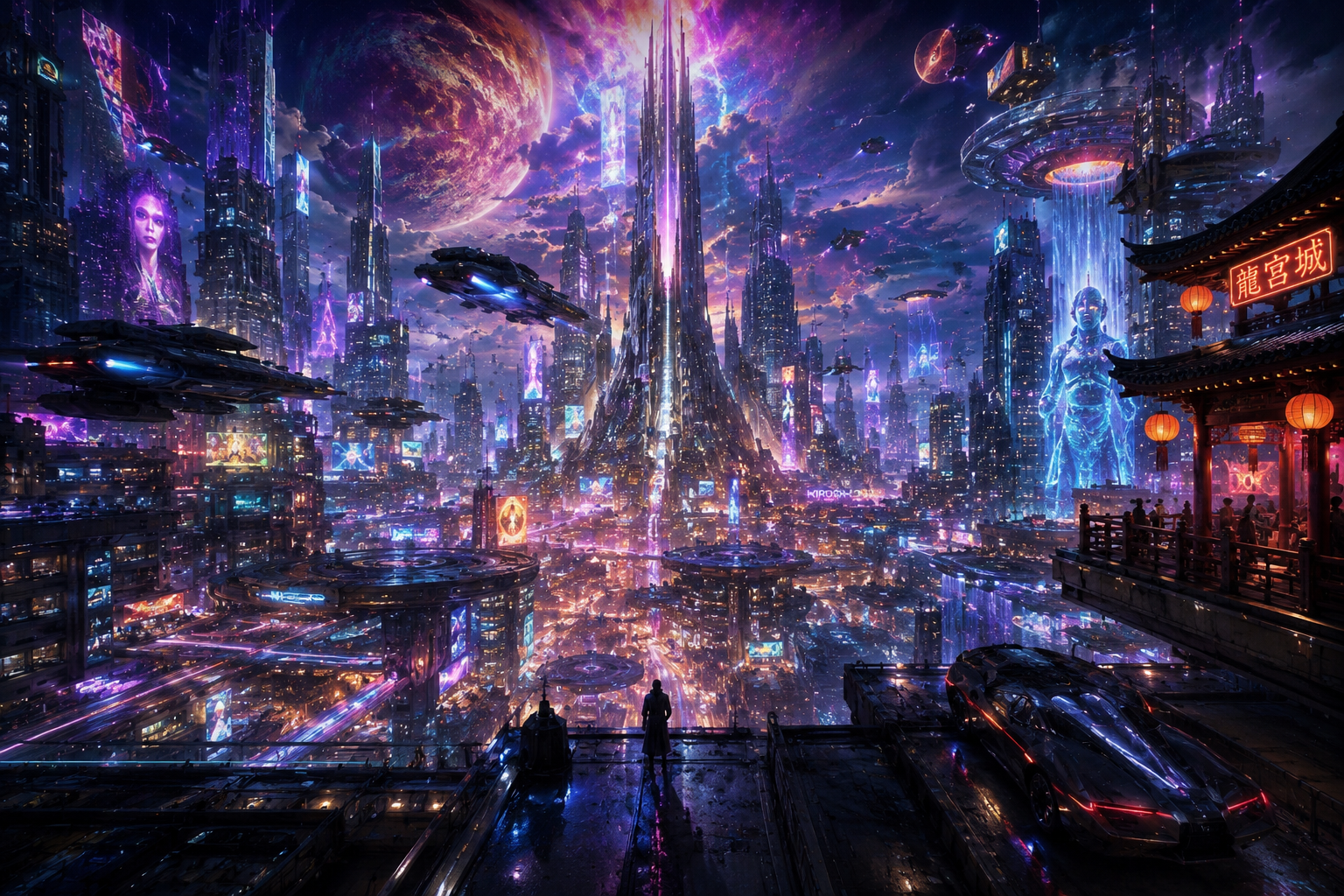 Neon-lit futuristic cityscape with flying cars, towering skyscrapers, and a glowing central spire.