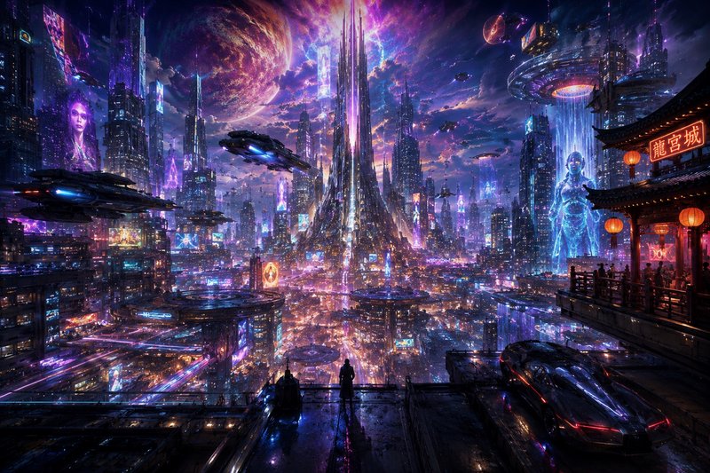 Neon-lit futuristic cityscape with flying cars, towering skyscrapers, and a glowing central spire.