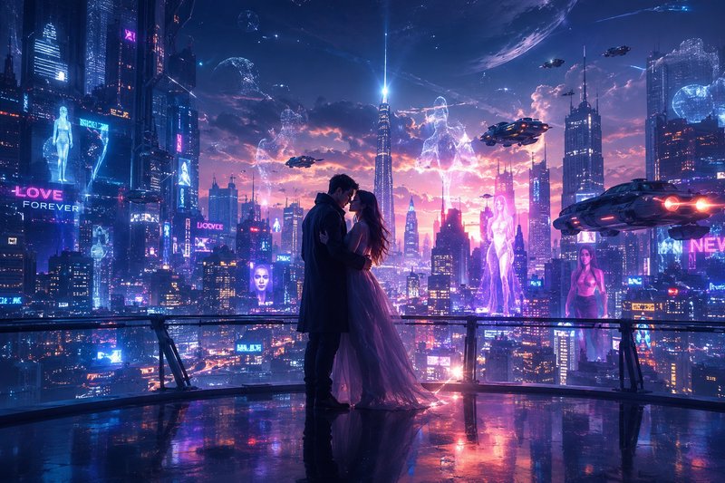 Silhouetted couple kissing on a neon-lit balcony overlooking a futuristic city with holographic ads.