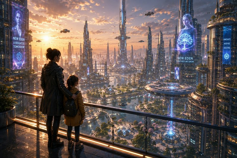 Two people stand on a glass balcony overlooking a neon-lit futuristic city with towering spires and holographic ads.