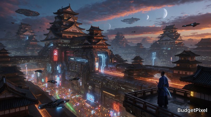 A futuristic city with traditional pagoda towers, neon-lit streets, flying ships, and a hooded figure on a balcony.