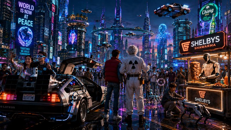Futuristic neon-city street scene with people, a sci-fi car, robots, drones, and holographic ads.