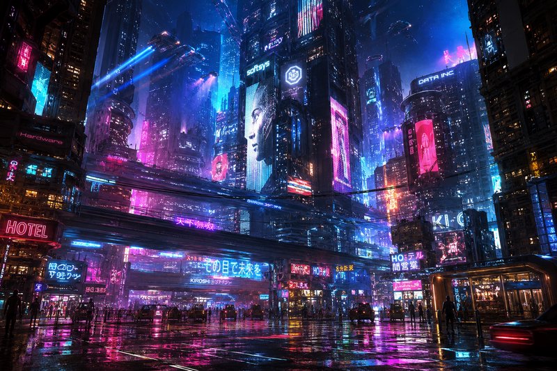 Futuristic neon-lit cityscape at night with rain-soaked streets and towering holographic billboards.