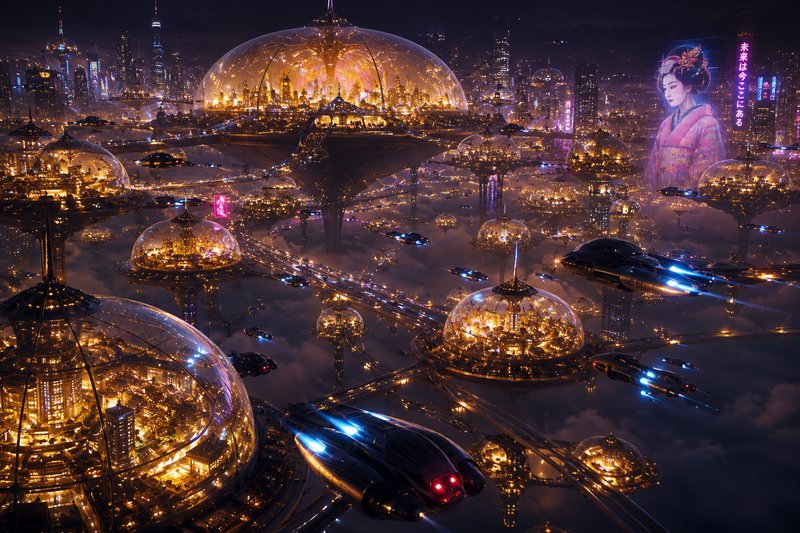Futuristic night cityscape with glass domes, floating platforms, and flying cars.