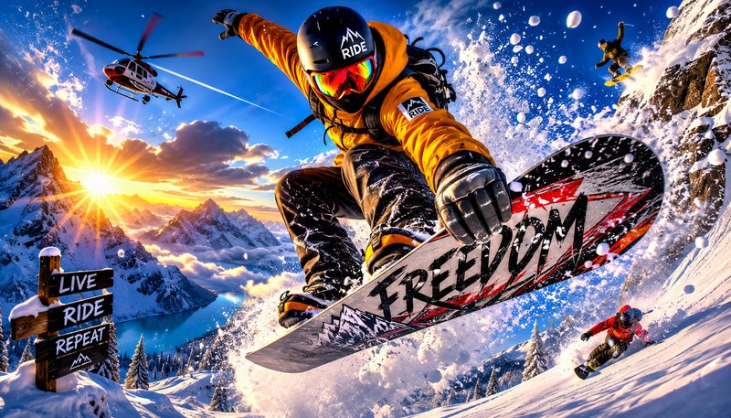 Snowboarder mid-air on a snowy slope at sunset, with a helicopter in the background.