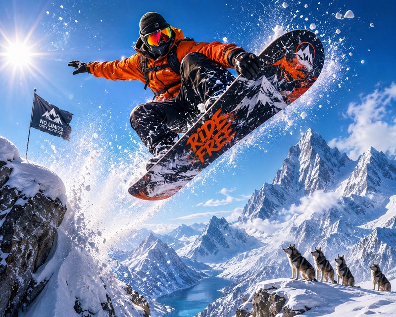 Snowboarder in orange jacket jumping off a snowy ledge with mountains and a pack of huskies in the background.