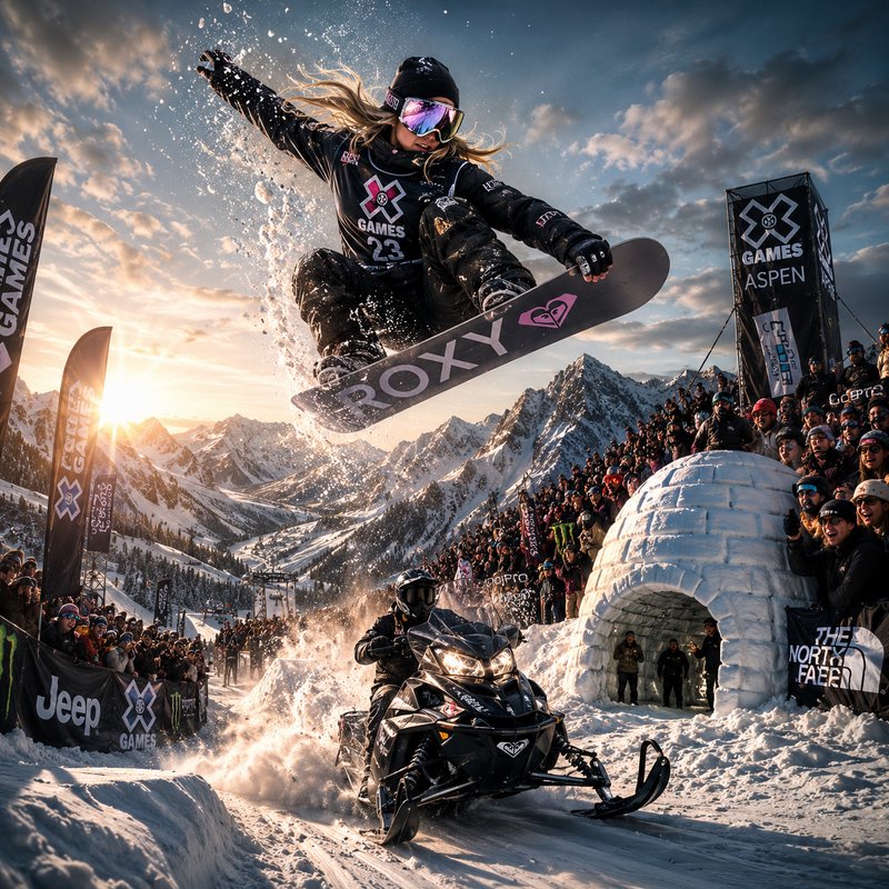 Snowboarder mid-air jump at X Games Aspen with snowy mountains and cheering crowd