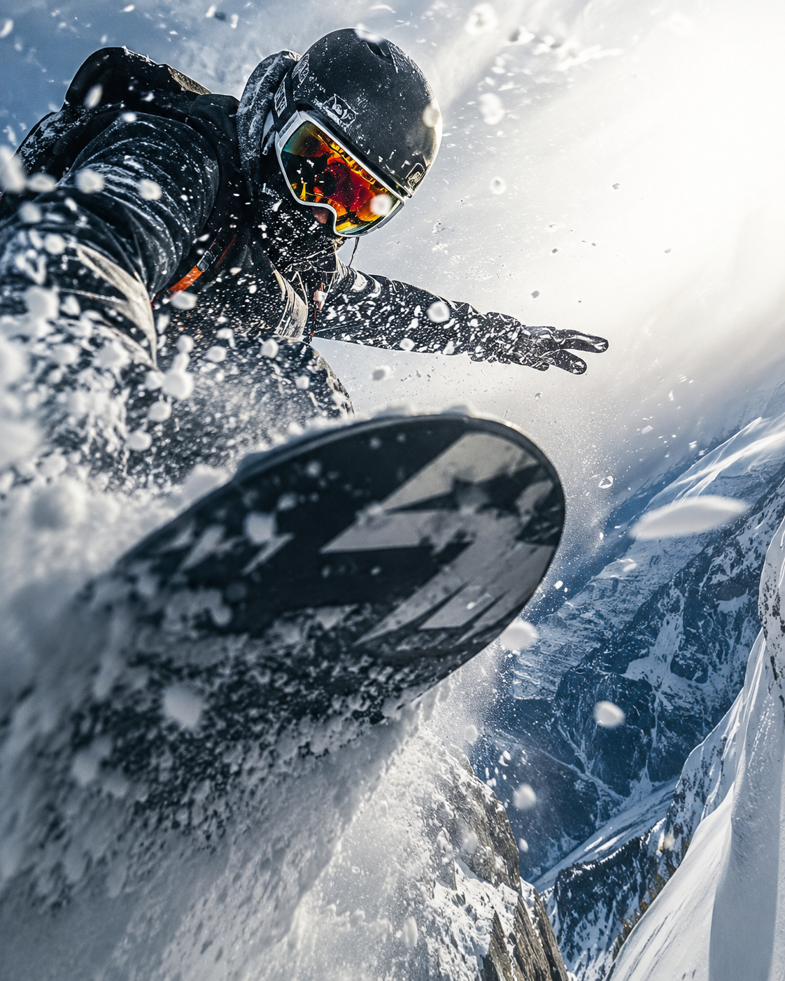 Snowboarder in black gear carving down a snowy cliff with spray and reflective goggles.