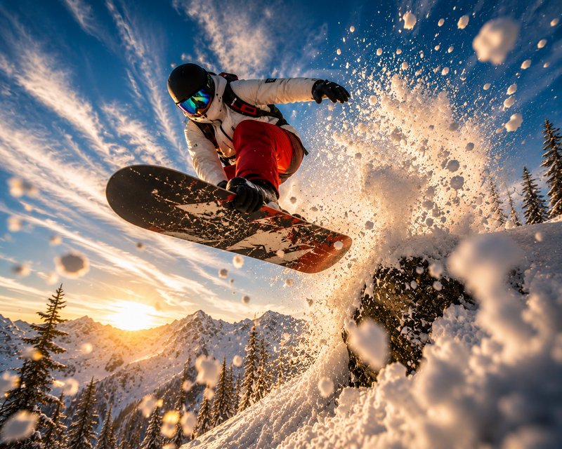 Snowboarder performing a high jump from a snowy slope with powder spray against a sunrise alpine landscape.
