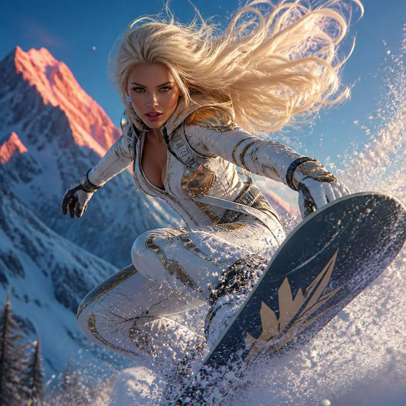 Female snowboarder in a white and gold suit performing a jump on a snowy mountain slope.