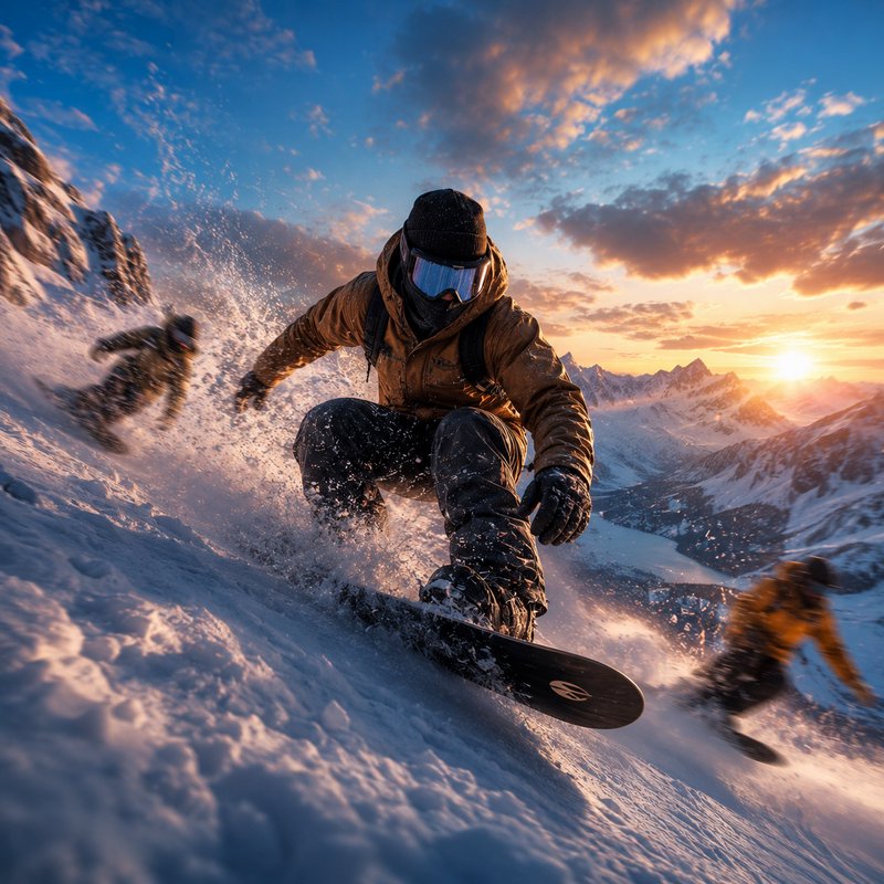 Snowboarder carving a sunlit alpine slope at sunset, powder snow spraying with distant riders