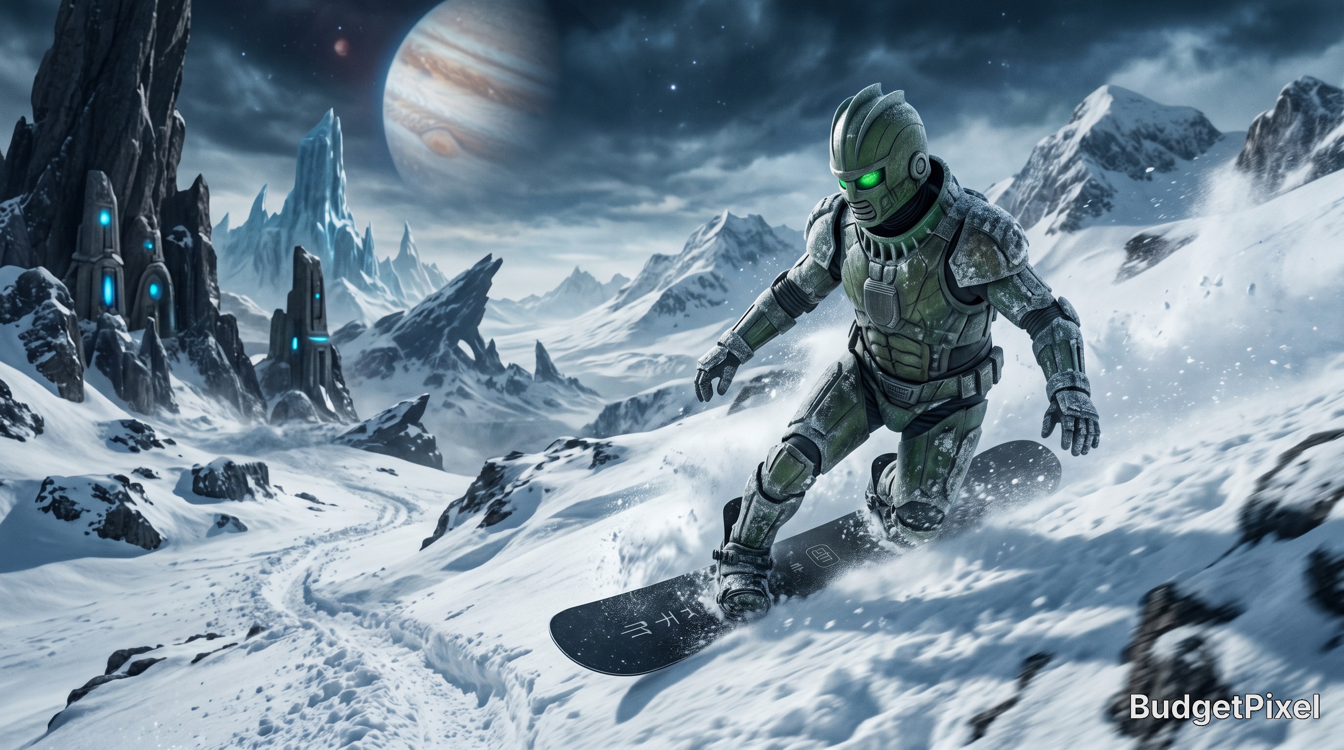 Astronaut-style snowboarder in green armor carving a snowy alien landscape with a distant planet in the sky.