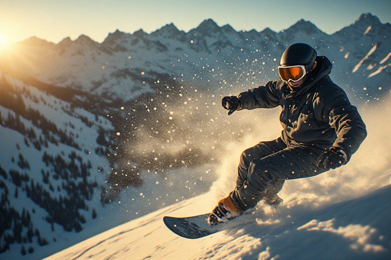 Snowboarder carving through powder on a sunlit alpine slope.