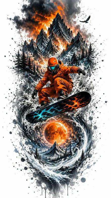 Snowboarder in orange gear performing a jump amid fiery mountains and splash art.