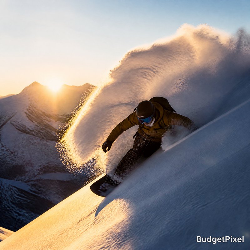 Snowboarder carving a steep powder slope at sunset with a mountain backdrop.