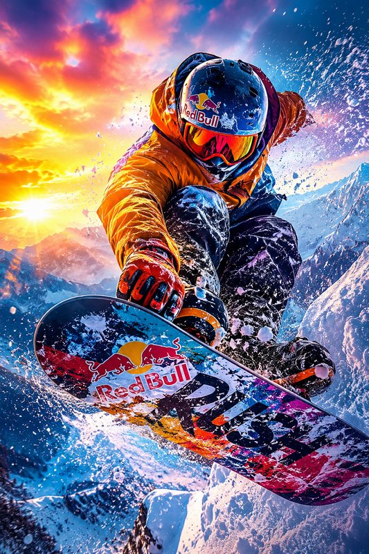 Snowboarder in an orange jacket performing a jump with Red Bull branding on helmet and board agai...