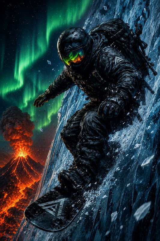 Snowboarder in black gear carving an icy slope under erupting volcano and green aurora.