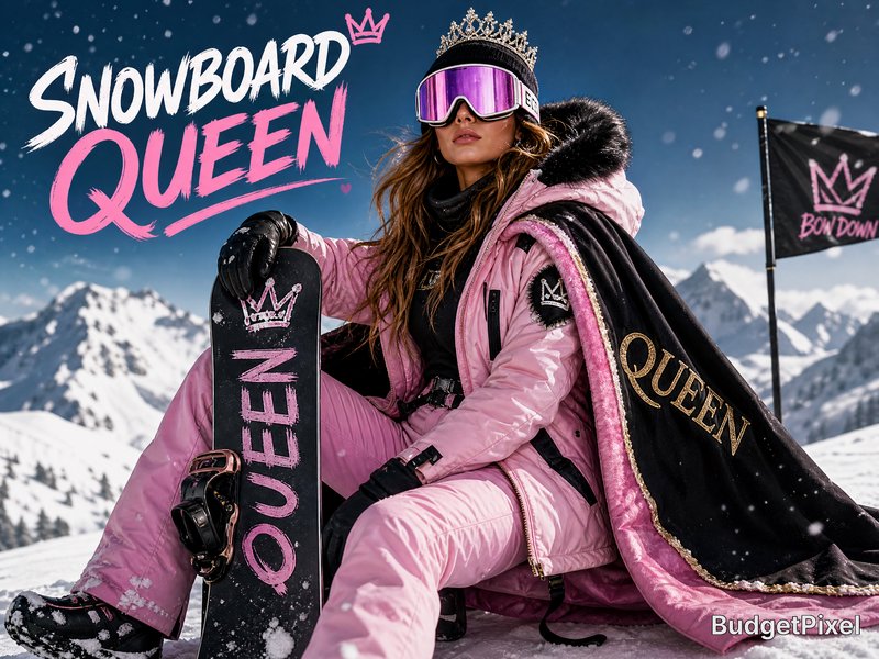 Snowboarder in a pink snowsuit with crown and cape, posing with a snowboard in a snowy mountain s...
