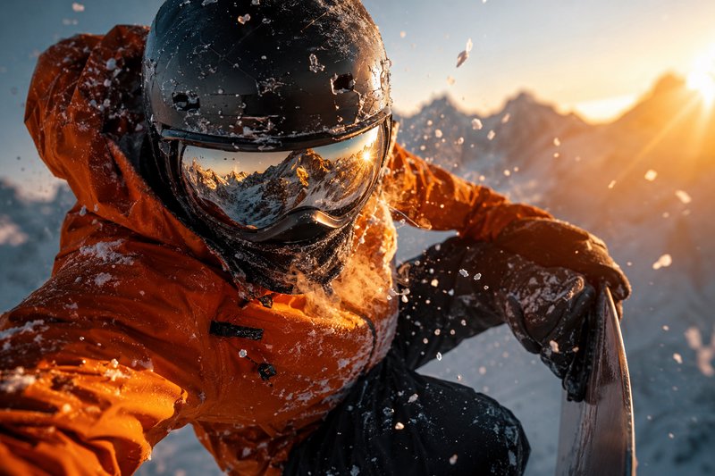 Snowboarder in an orange jacket with helmet and goggles carving down a sunlit snowy slope.